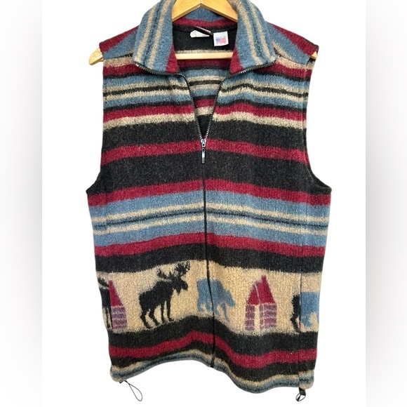 Vintage Mazmania Fleece Vest 90s Cottagecore Moose Print Outdoors Striped Unisex - Picture 1 of 6